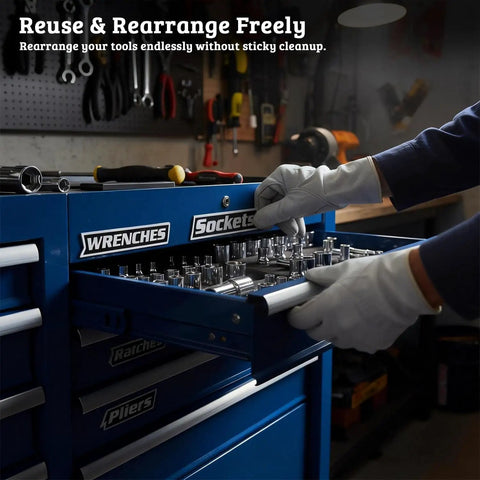 Person using 12 Pack Magnetic Toolbox Labels With Ultra Strong Embedded Magnets For Steel Surfaces No Fuss Reusable 3D Printed Tool Organizer Tags For Tool Chests Rolling Carts Drawers Cabinets In Black on a tool chest drawer.