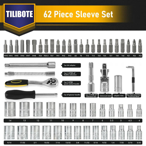 62 Piece One Quarter Inch Drive Ratchet Wrench Set With 72 Tooth Ratchet SAE And Metric From 5/32 To 9/16 And 4 mm To 14 mm A Workhorse Go-To Tool Kit