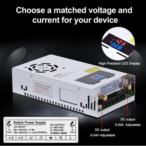 Adjustable Power Supply With LED Display 110V 120V To 240V AC 24V DC Converter 480W 20A for Hobbyist Builds displayed with specs