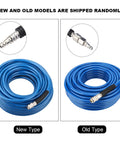Rock Solid Heavy Duty PVC Air Compressor Hose 2 Pack 30 Meter Length 300 Psi Max Pressure Reinforced Polyester Braid close-up of new and old type couplings.
