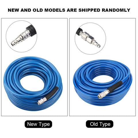 Rock Solid Heavy Duty PVC Air Compressor Hose 2 Pack 30 Meter Length 300 Psi Max Pressure Reinforced Polyester Braid close-up of new and old type couplings.
