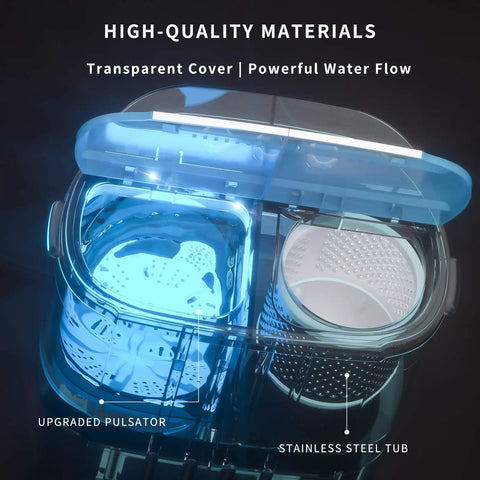 Compact Portable Washing Machine Mini Washer And Spin Dryer Combo 14 Lbs Twin Tub with clear cover and stainless steel tub.