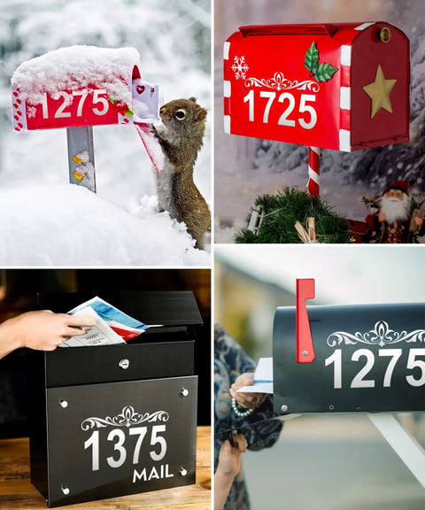 Reflective Outdoor Mailbox Numbers Set 0-9 on colorful red mailboxes and elegant black designs, suitable for holiday displays.