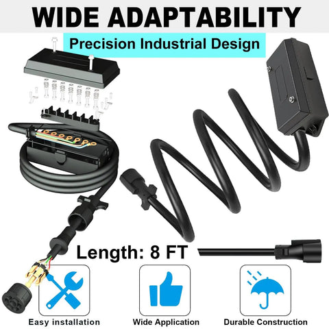 7 Pin Trailer Wiring Harness Kit with 8 Feet Heavy Duty 7 Way Cord Pigtail and Waterproof 7 Gang Junction Box for RVs