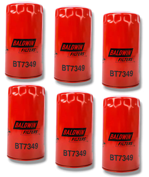 Heavy Duty Spin On Engine Oil Filter Pack Of 6 With Integral Gasket for Dodge, red filters with "BT7349" label displayed.
