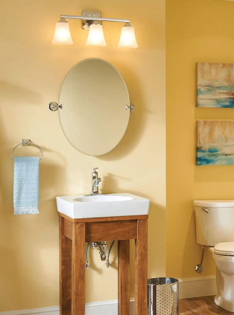Bathroom with Retreat Collection Slick Chrome Bathroom Hand Towel Ring with hardware, no fuss install, durable reflective finish.