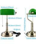 Front and side views of Green Glass Bankers Desk Lamp With Brass Base showing measurements and pull chain switch.
