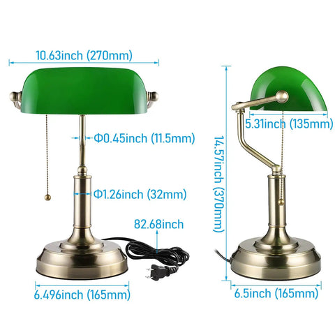 Front and side views of Green Glass Bankers Desk Lamp With Brass Base showing measurements and pull chain switch.