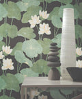 Lily Pad Peel And Stick Wallpaper Roll In Black And Green, 20.5 Inch Wide By 16.5 Feet Long, Covers 28.18 Square Feet, accent wall view