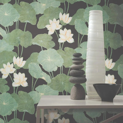 Lily Pad Peel And Stick Wallpaper Roll In Black And Green, 20.5 Inch Wide By 16.5 Feet Long, Covers 28.18 Square Feet, accent wall view