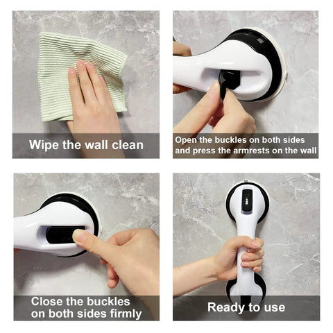 Installation steps for Ultra Secure Shower Grab Bar With Strong Suction Cups, 12 Inch Safety Handle For Bathroom Use in Black.