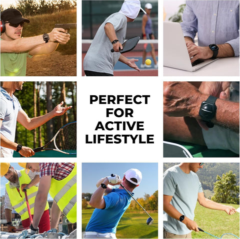 Collage of men and women wearing Wrist-Worn Tennis Elbow Brace For Men And Women with Non-Compression Support, engaging in various activities.