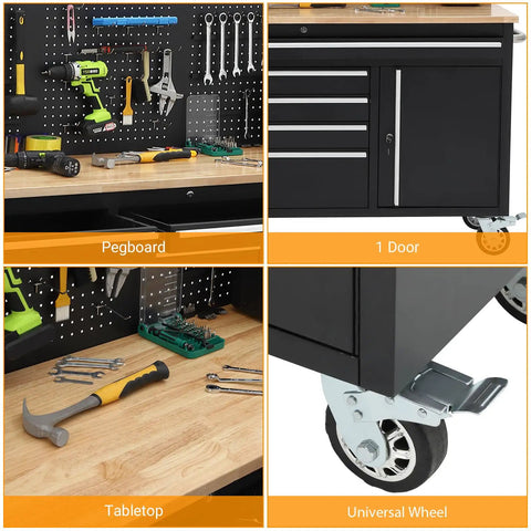 61 Inch Rolling Tool Chest With 10 Drawers And Built In Power Strip, Solid Rubber Wood Top, Universal Wheels, Pegboard