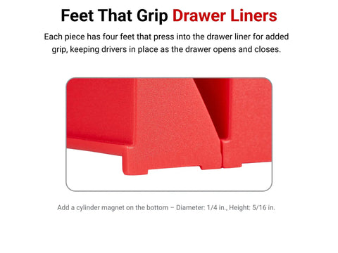 Close-up of red grip feet on 40 Tool Modular Driver Organizer Set In Black For Easy Tool Storage And Quick Access Keeps Every Driver In Its Place With Individual Slots To Prevent Rolling Includes Six Piece And Twelve Piece Modules For Diy Pros And Home Or Shop Use module.