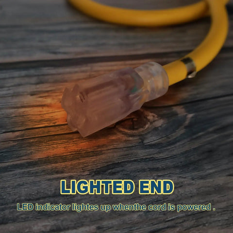 No Nonsense 10 Ft Extension Cord With Lighted End Triple Outlet 10 Gauge Pure Copper Wire outdoor rated lighted connector.