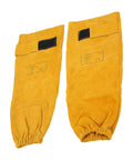 Rugged Cowhide Welding Sleeves For Men With Badass Spark And Spatter Defense Adjustable Buckle Soft Cotton Lining visible from front angle.