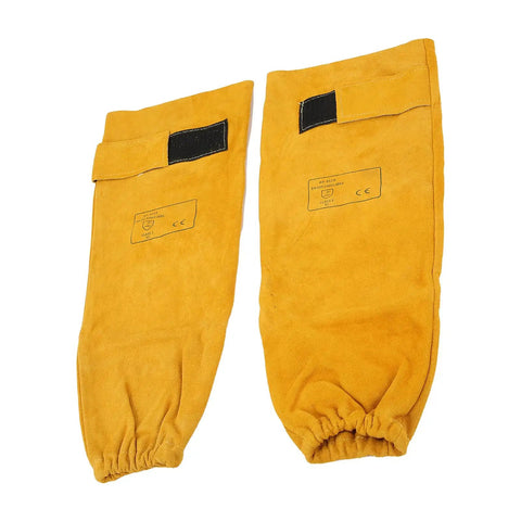 Rugged Cowhide Welding Sleeves For Men With Badass Spark And Spatter Defense Adjustable Buckle Soft Cotton Lining visible from front angle.