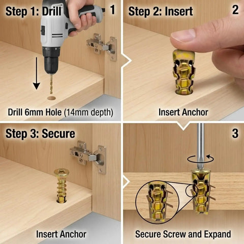 Step-by-step installation of 6x14mm Short Expansion Screw Set for Cabinet Hinge Repair and Loose Hole Fix