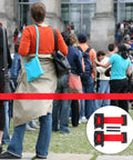 Heavy Duty Retractable Belt Barrier Wall Mounted Crowd Control Divider Featuring Smooth Gliding Telescoping Tape in use at a busy queue.