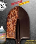 Quality Chemical Oxy-Gone rust remover bottle beside a rusted metal shovel blade