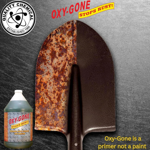 Quality Chemical Oxy-Gone rust remover bottle beside a rusted metal shovel blade