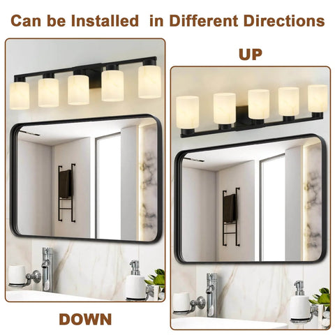 Five Light Modern Vanity Light Fixture In Black Metal With White Marble Glass E26 Base Sleek Minimalist Bathroom Vanity Wall Lamp shown installed upward and downward above a mirror in a bathroom setting.