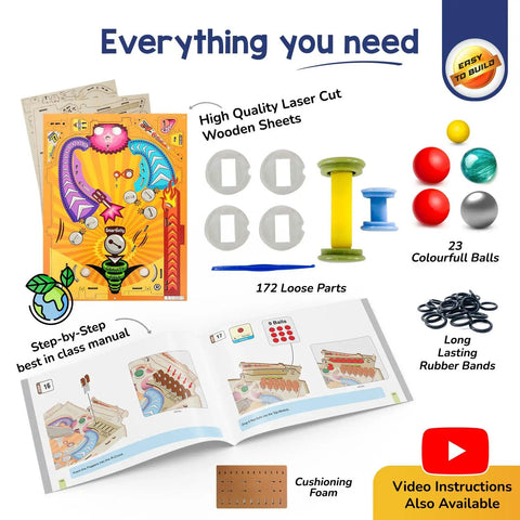 DIY Pinball Machine For Kids 8 To 14, Arcade Grade, kit components including wooden sheets, balls, and step-by-step guide.