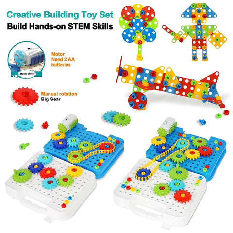 Gears Building Kit For Kids Aged Four To Eight STEM Educational Construction Set With Electric Drill 280 Piece Hands On Engineering Toy For Boys And Girls