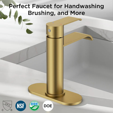 Killer Waterfall Bathroom Faucet Single Hole Brushed Gold Finish Modern Deck Mount Zero Splatter Vanity Sink Mixer Dead Simple Install Smooth Flow Upgrade Your Daily Wash Routine