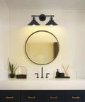 Two Light Matte Black Farmhouse Vanity Light Fixture For Bathroom over mirror in white bathroom