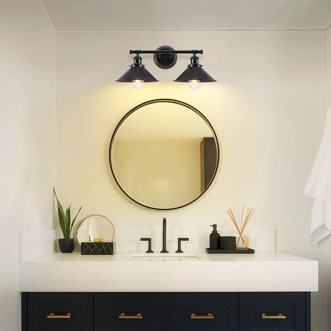 Two Light Matte Black Farmhouse Vanity Light Fixture For Bathroom over mirror in white bathroom