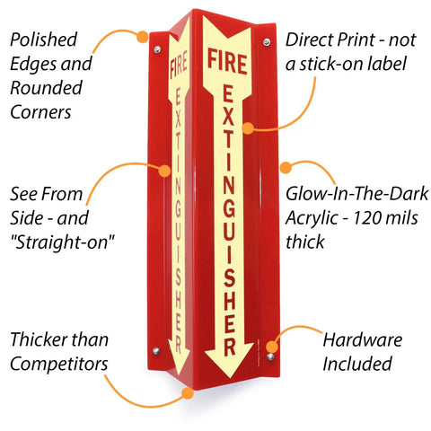 Fire Extinguisher Sign Two-Sided V-Shaped Projecting Wall Sign With Down Arrow 18x4 Inches 120 Mil Glow-In-The-Dark Acrylic