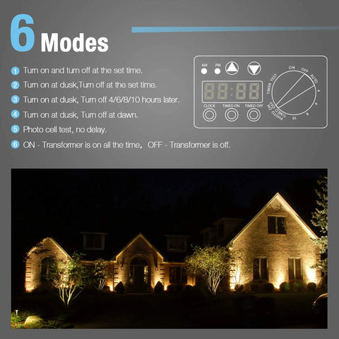 Outdoor Landscape Lighting Transformer 200 Watt With Built In Timer And Photo Eye Sensor display modes with illuminated house.
