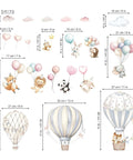 Cartoon Hot Air Balloons Wall Stickers For Kids Room And Living Room Self Adhesive Non Toxic Decor Featuring Cute Animals Lamb Panda Rabbit Lion Fox Hedgehog Clouds Hearts And Colorful Balloons Kid Friendly Easy To Apply. Image shows animal-themed decals with balloons, clouds, and animals like a fox, lion, and panda.