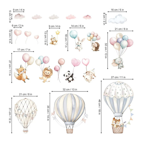 Cartoon Hot Air Balloons Wall Stickers For Kids Room And Living Room Self Adhesive Non Toxic Decor Featuring Cute Animals Lamb Panda Rabbit Lion Fox Hedgehog Clouds Hearts And Colorful Balloons Kid Friendly Easy To Apply. Image shows animal-themed decals with balloons, clouds, and animals like a fox, lion, and panda.