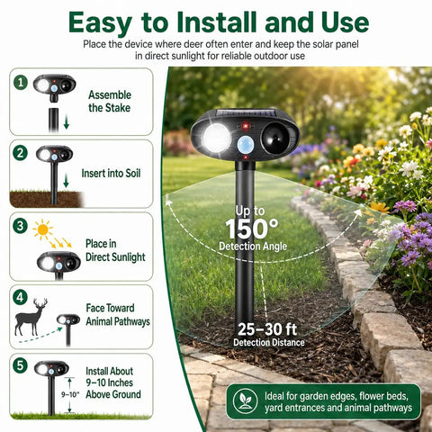 Deer Repellent Pack 4 With Solar Powered Ultrasonic Motion Sensor and LED Flashlight IP65 Waterproof Cat and Rabbit Deterrent for Outdoor Gardens and Yard No Go Zone Keeps Flowers Safe From Browsing Deer and Wildlife, solar stake in garden