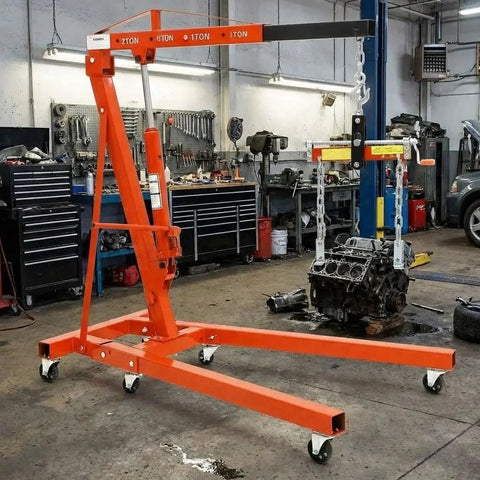 Heavy Iron 2 Ton Hydraulic Engine Hoist 4400 Lb Capacity Folding Design with engine block in garage setting.
