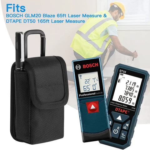 1680D Nylon Laser Measure Case For Blaze 65ft, DT50 165ft, And GLM100-23 100ft, Tough Pro Grade With Pen Pocket, Belt Buckle And Carabiner, Protective Travel Storage Bag, shown with laser meters
