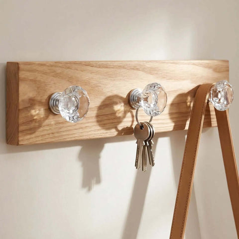Crystal Drawer Knobs 20 Pack Diamond Shape Glass Cabinet Knobs for Dresser, Silver Finish, mounted on wooden board with keys hanging