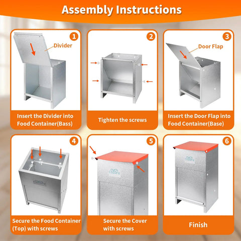 Assembly instructions for Heavy Duty Galvanized Dog Feeder Bowl Station With 25 Pound Gravity Fed Kibble Dispenser.