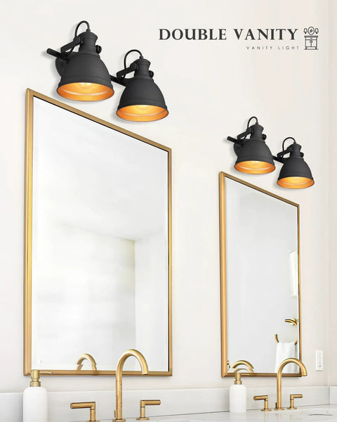 Industrial Style Bathroom Vanity Lights Two Light Wall Sconce Mounted Over Mirror Black Metal Frame Fixture with gold-trimmed mirror