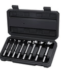 Top Shelf Forstner Bit Set 8 Piece Heavy Duty Woodworking Drill Bits For Clean Flat Bottom Holes in a black storage case.