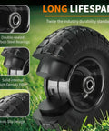 Close-up of 10 Inch Solid Heavy Duty Rubber Dolly Tire Wheels with 5 by 8 Inch Axle highlighting durability features.
