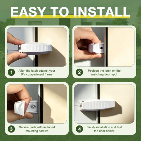 Installation steps for Five Piece RV Door Holder Kit For Campers And Trailers Keeps Luggage Compartment Doors Open And From Swinging Shut