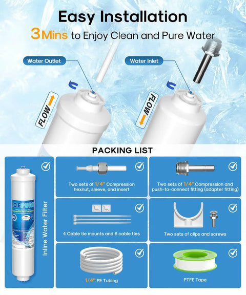 Top Shelf Inline Water Filter For Refrigerator And Ice Maker NSF Certified parts and installation kit diagram with labeling.