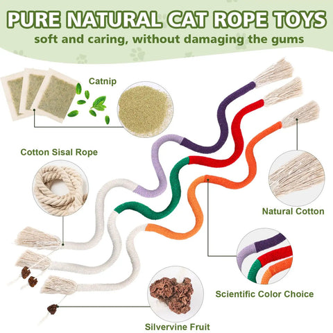 Infographic of 27 Pack Catnip Chew Toys For Cats With Cotton Sisal Rope And Natural Silvervine Sticks, showing materials and features.