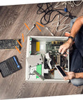Person using 7 Piece Soldering Repair Tool Kit With Desoldering Pump And Wick, Double Sided Soldering Aids For Circuit Board Maintenance.