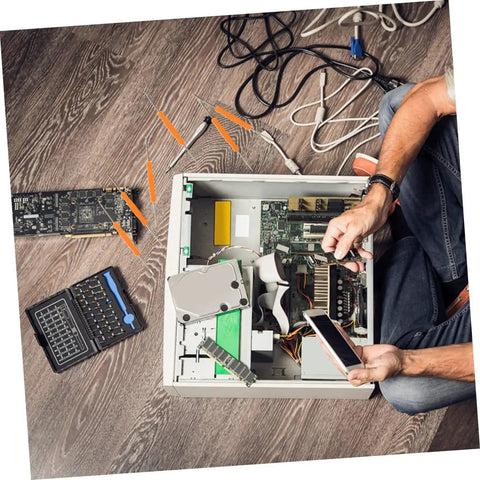 Person using 7 Piece Soldering Repair Tool Kit With Desoldering Pump And Wick, Double Sided Soldering Aids For Circuit Board Maintenance.