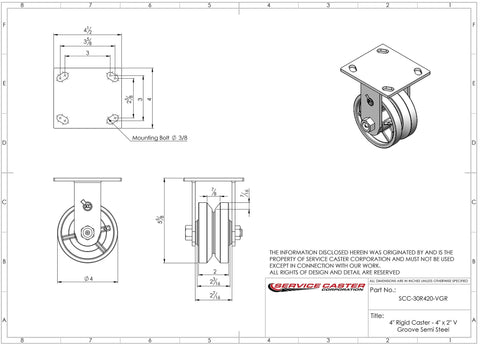 4-inch rigid caster with square top plate and V-groove wheel, steel construction (isometric view)