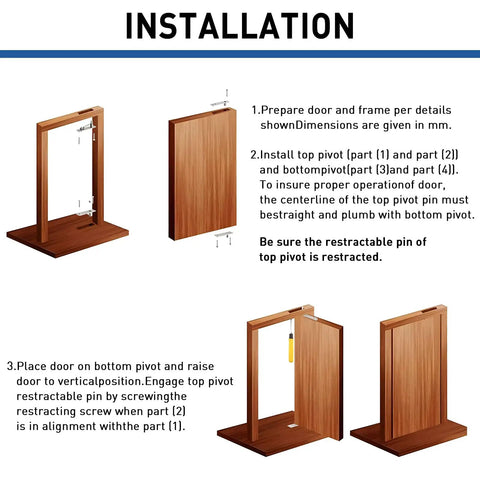 Hidden Bookcase Hinge Kit With Lock And Spring Latch For Secret Doors, 304 Stainless Steel Pivot Hinges With Cable, Built Tough, Heavy Duty 220lb Per Set, Fits Doors Over 40mm Thick, Under 800mm Wide, And Up To 2500mm High. Installation diagram for concealed door pivots and frame